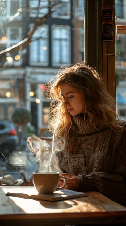 Beautiful mature woman sitting next to a window