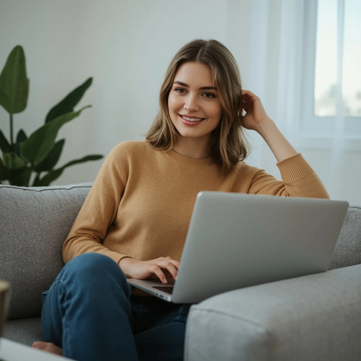 alt="Beautiful Ukrainian woman sitting in an armchair with a laptop, smiling while communicating on Step2Love"