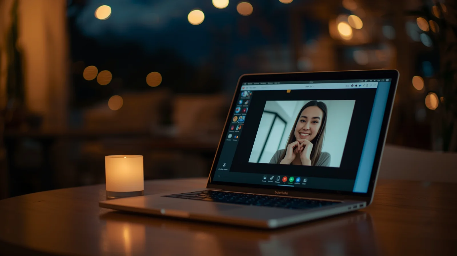 alt="Video call with a beautiful Ukrainian woman displayed on a laptop during online dating communication"