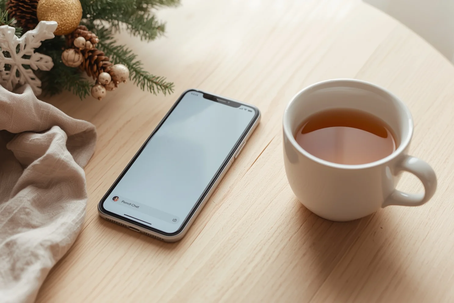 alt="Smartphone on a table next to a cup of tea and a decorated Christmas branch, ready for a heartfelt message on Step2Love"