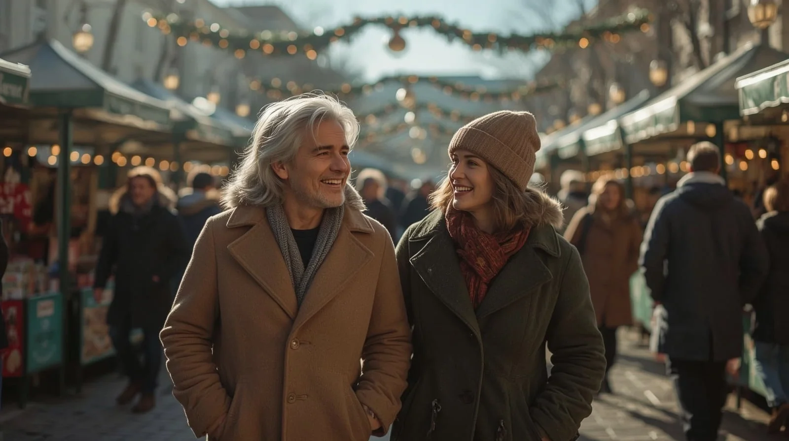 alt="Man and woman smiling together while walking at a Christmas market, enjoying the festive atmosphere and holiday decorations"