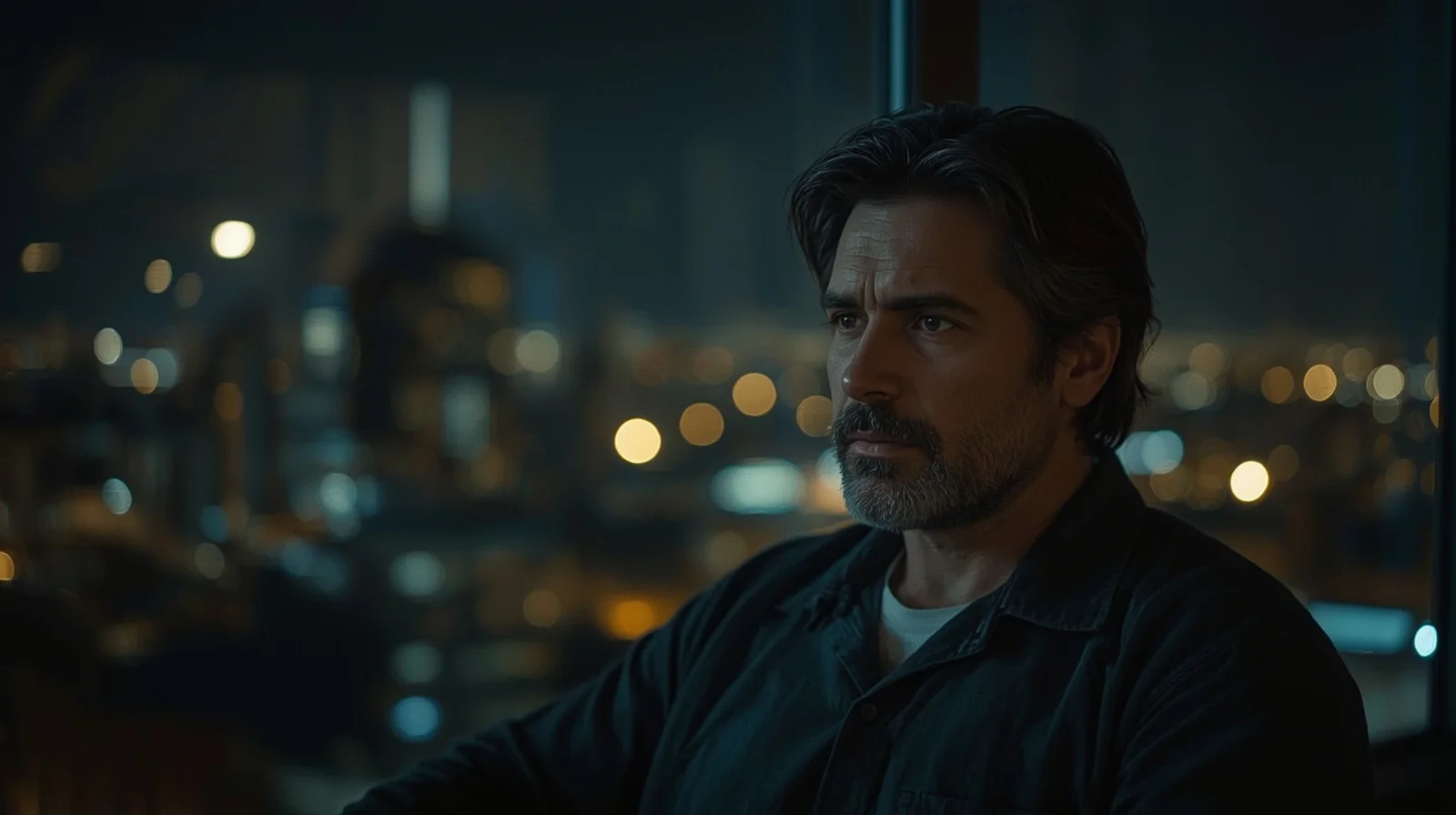 alt="Adult man sitting by the window at night with city lights in the background"