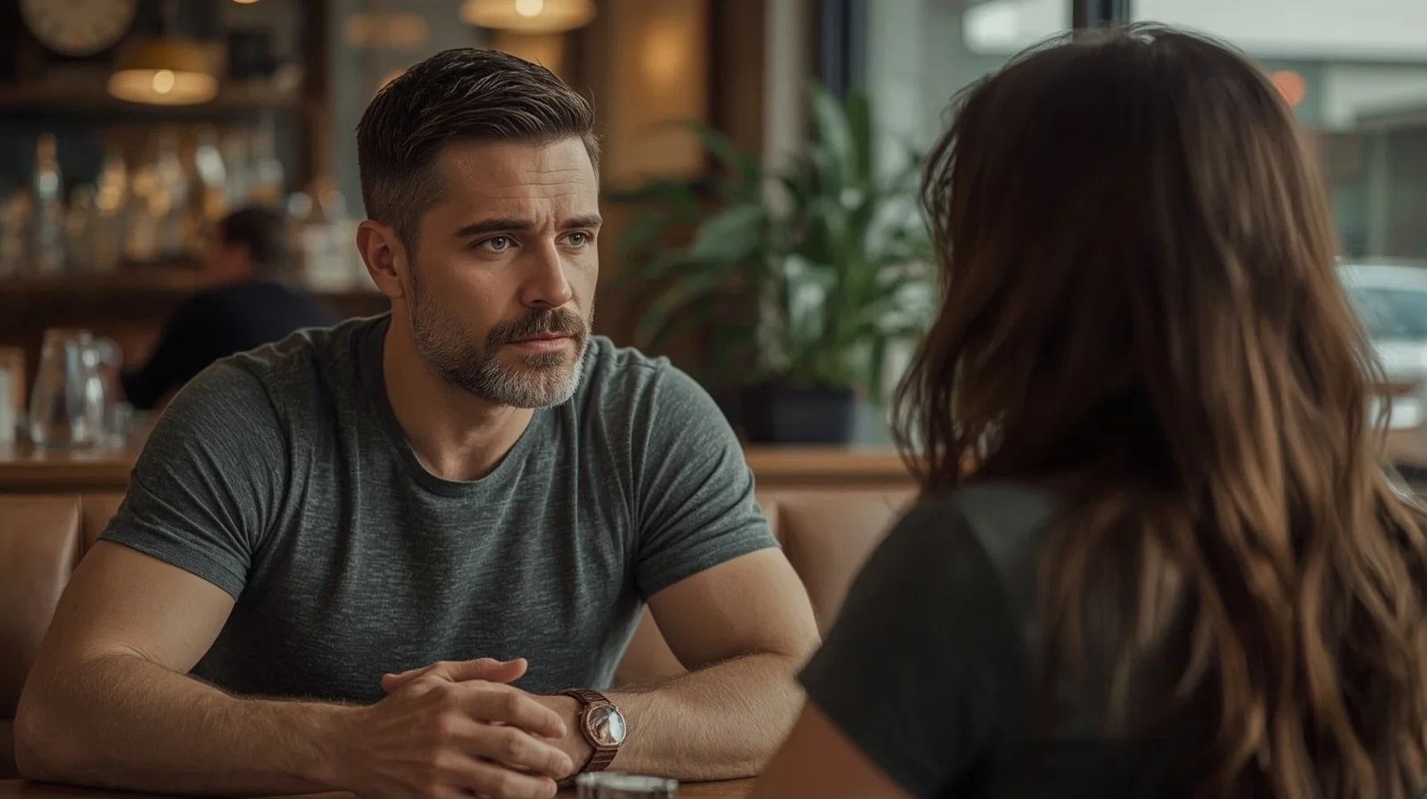 alt="An adult man and woman are sitting in a cafe; the man is calmly looking at the woman."