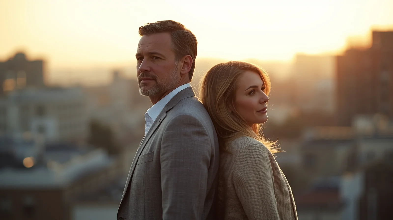 alt="A mature man and woman stand with their backs to each other against a morning cityscape, symbolizing emotional healing and new beginnings in a relationship after divorce or loss."