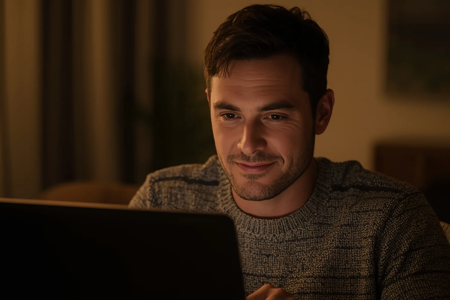 alt="Man sitting at home in front of a laptop, smiling as he reconnects and starts a new chapter in dating after divorce or loss"