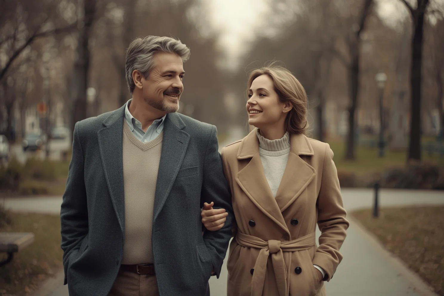 "A man and woman walking hand in hand in a park smile warmly, enjoying the formation of a new connection."
