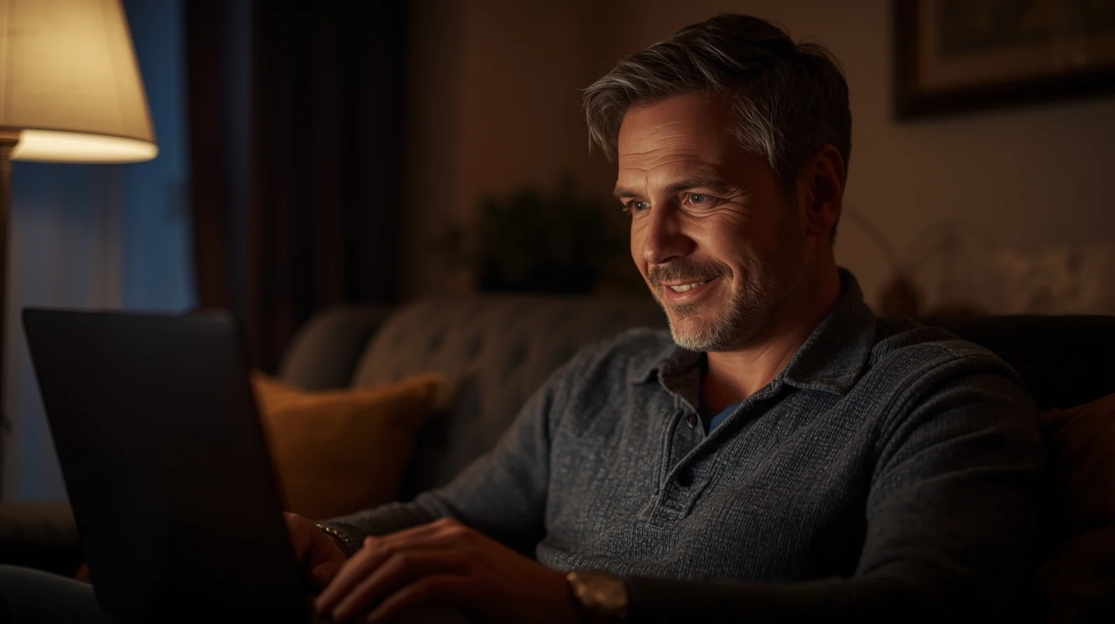 alt="A man sits at home in front of a laptop, smiling, ready to meet new people."