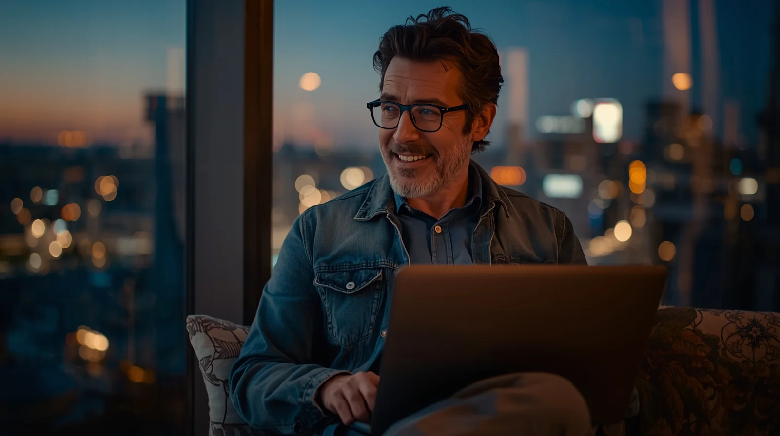 alt="A man sits at home in front of his laptop, enjoying chatting on step2love."