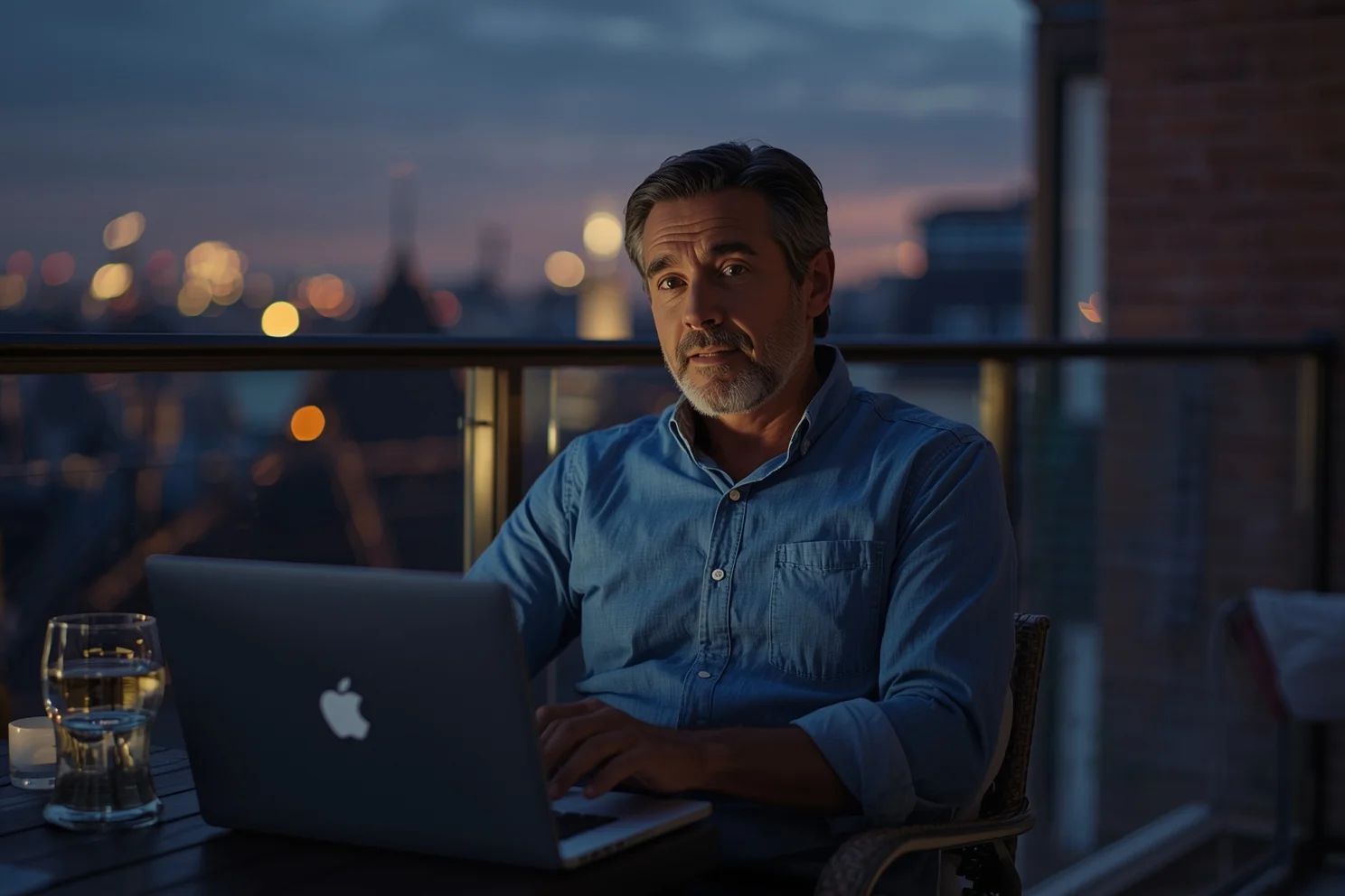 alt="Mature man on a restaurant balcony in the evening city, smiling while chatting and dating on Step2Love"