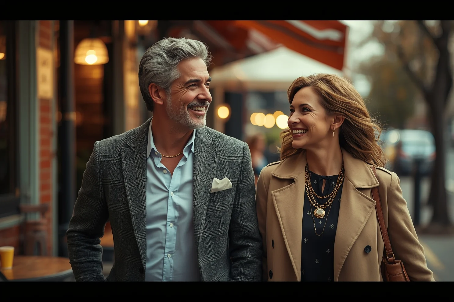 alt="Mature man and woman walking through the city, holding hands and smiling, enjoying a date"