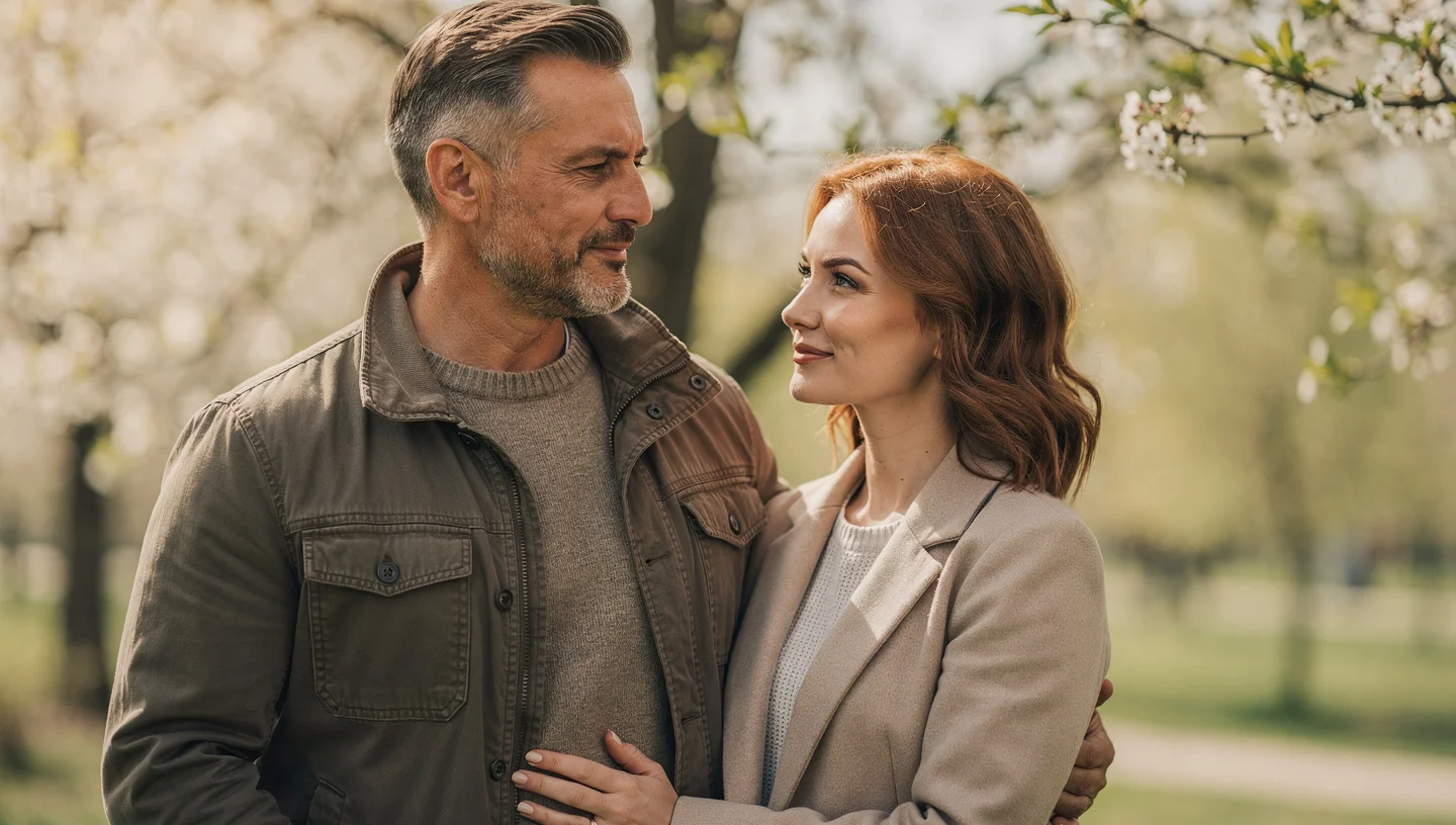 A happy couple who met on an international dating site enjoy a walk together and each other.
