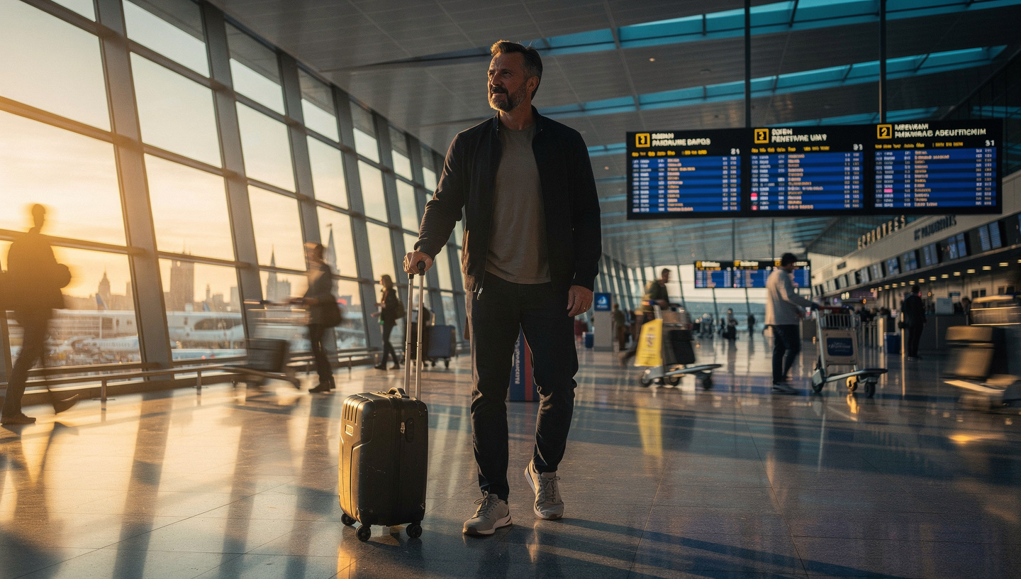 Man at an international airport terminal, symbolizing safe and informed international dating without scams on Step2Love