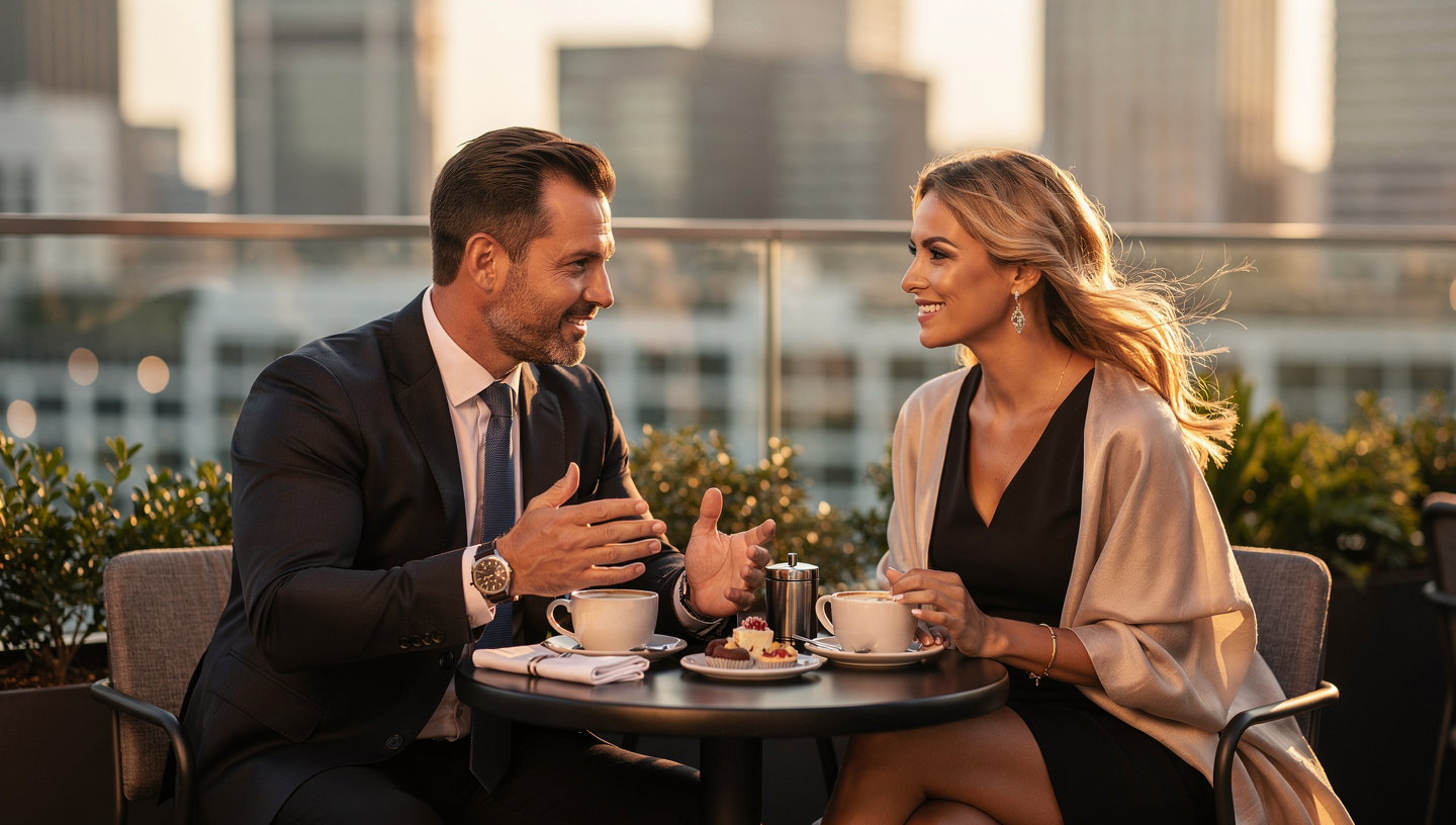 older man and woman enjoying a romantic terrace coffee date with city view