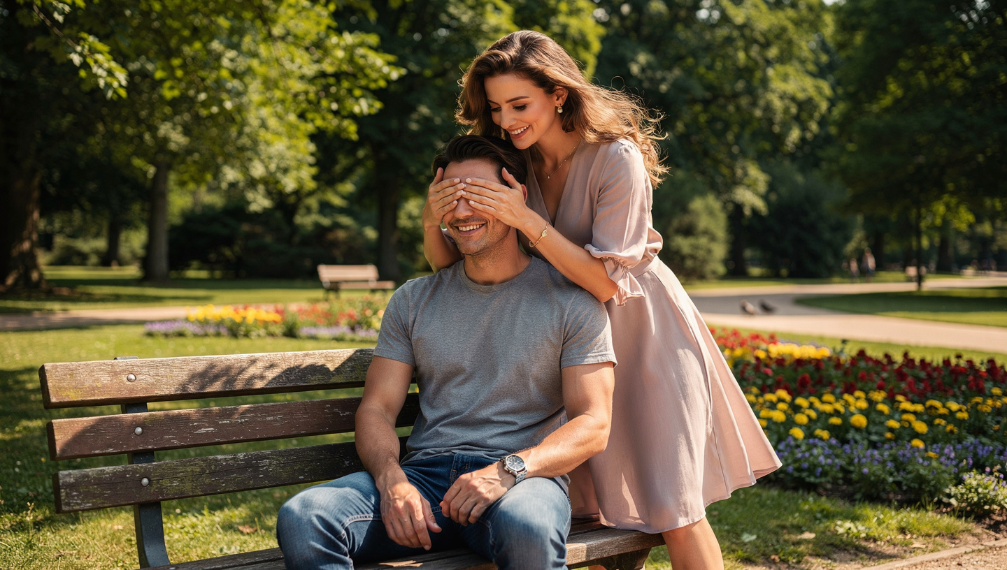 Summer park couple playful romantic moment bench love scene