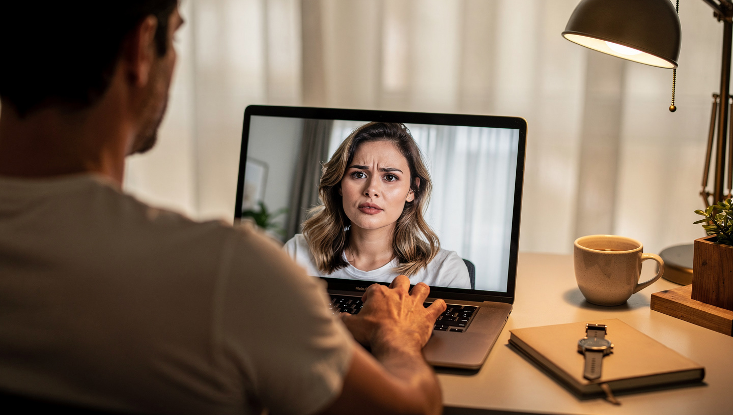 long distance video call woman mild reaction laptop conversation Step2Love