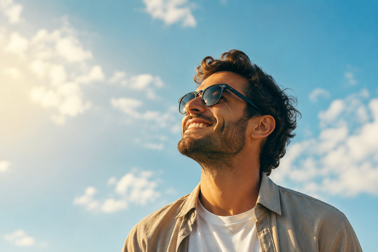happy man smiling at the sky after finding love online on Step2Love