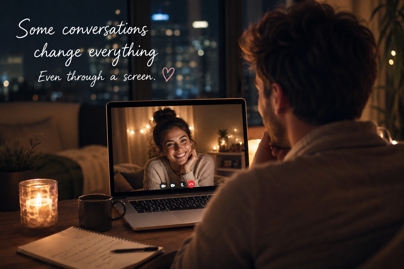romantic late-night video call on Step2Love between two people building a real emotional connection