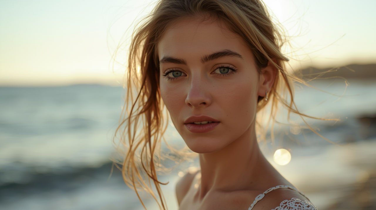 A close-up portrait of a blonde woman outdoors with hair blowing in the wind