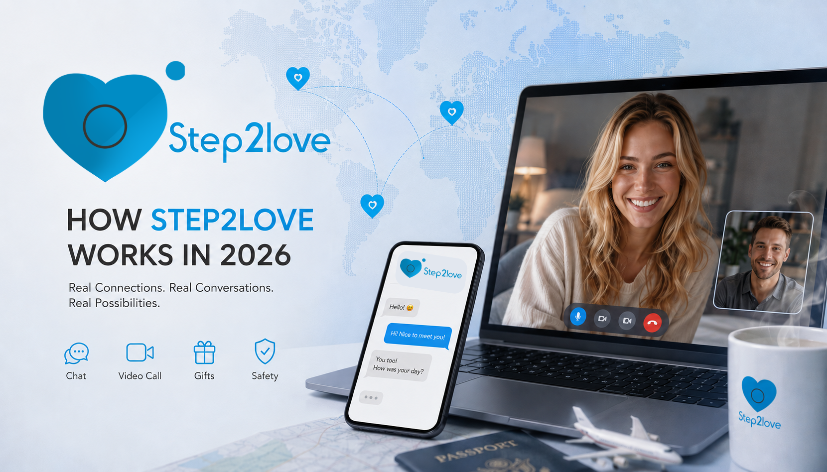 A laptop displaying a video call, a smartphone with chat bubbles, and feature icons on a world map background.