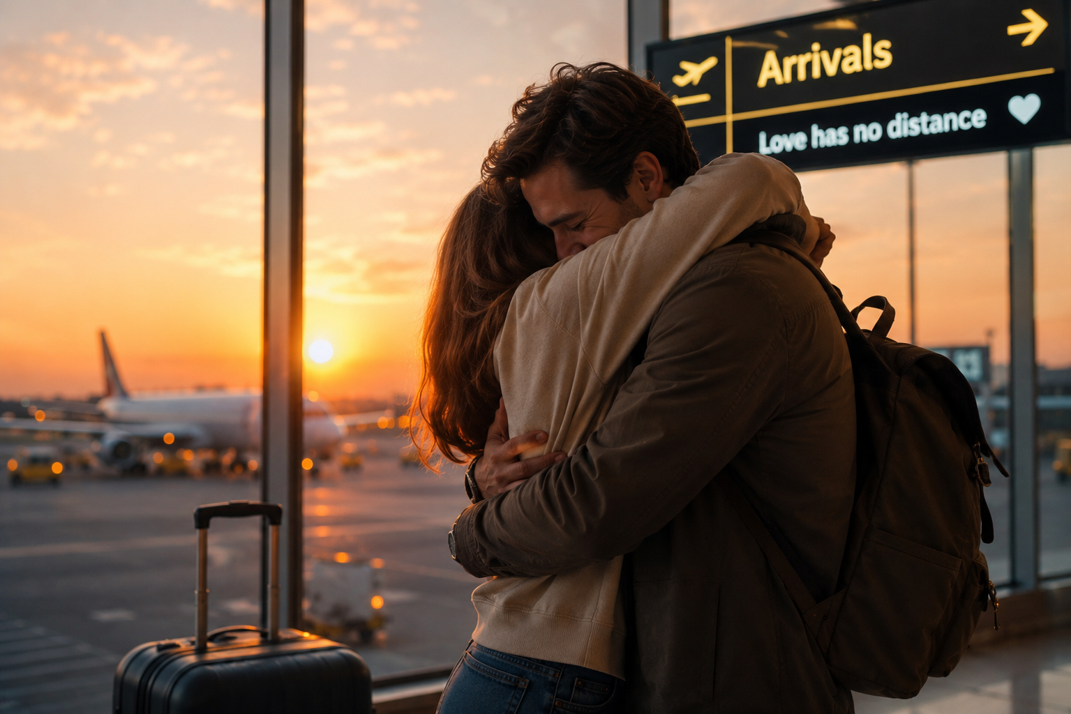 A man and a woman hug in the airport terminal building, with an airplane at sunset outside the window.