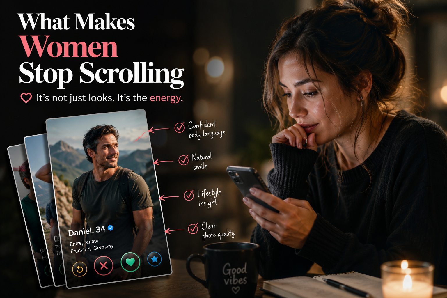 A woman looking at a smartphone displaying a dating profile mockup with text overlays and bullet point annotations.