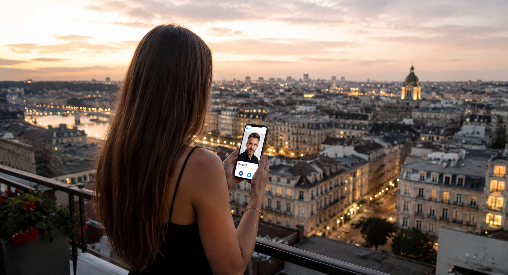 Woman viewing a dating profile on her phone from a balcony at twilight.