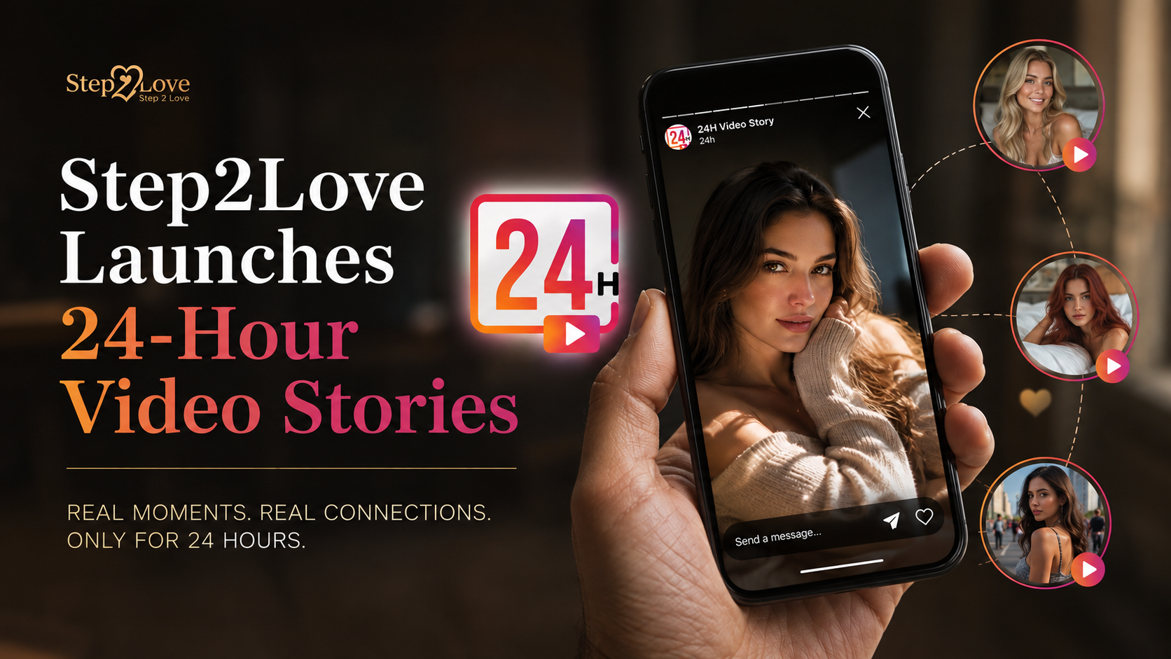 Step2Love promotional image: hand holds phone displaying new 24-hour video stories to find international soulmates.