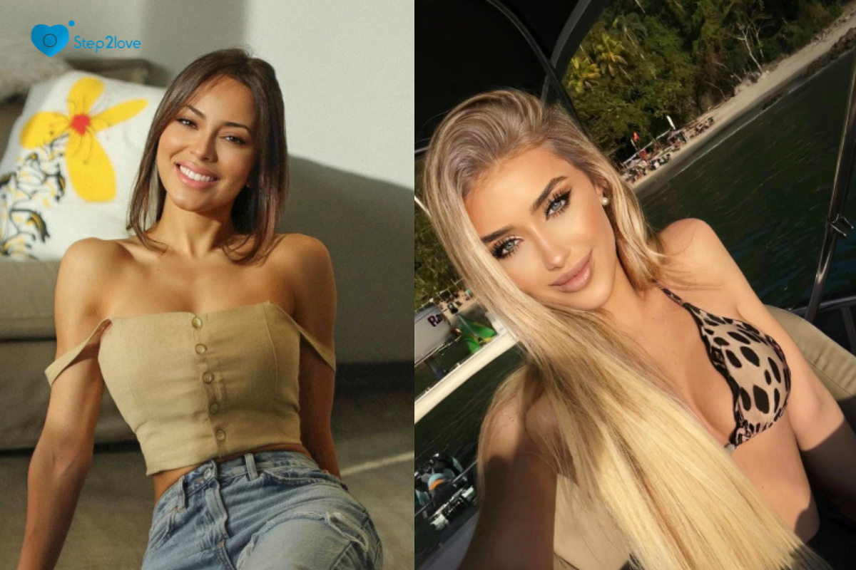 Step2Love profiles: two smiling women, one with brunette hair in an indoor setting, the other blonde on a boat near a tropical beach.