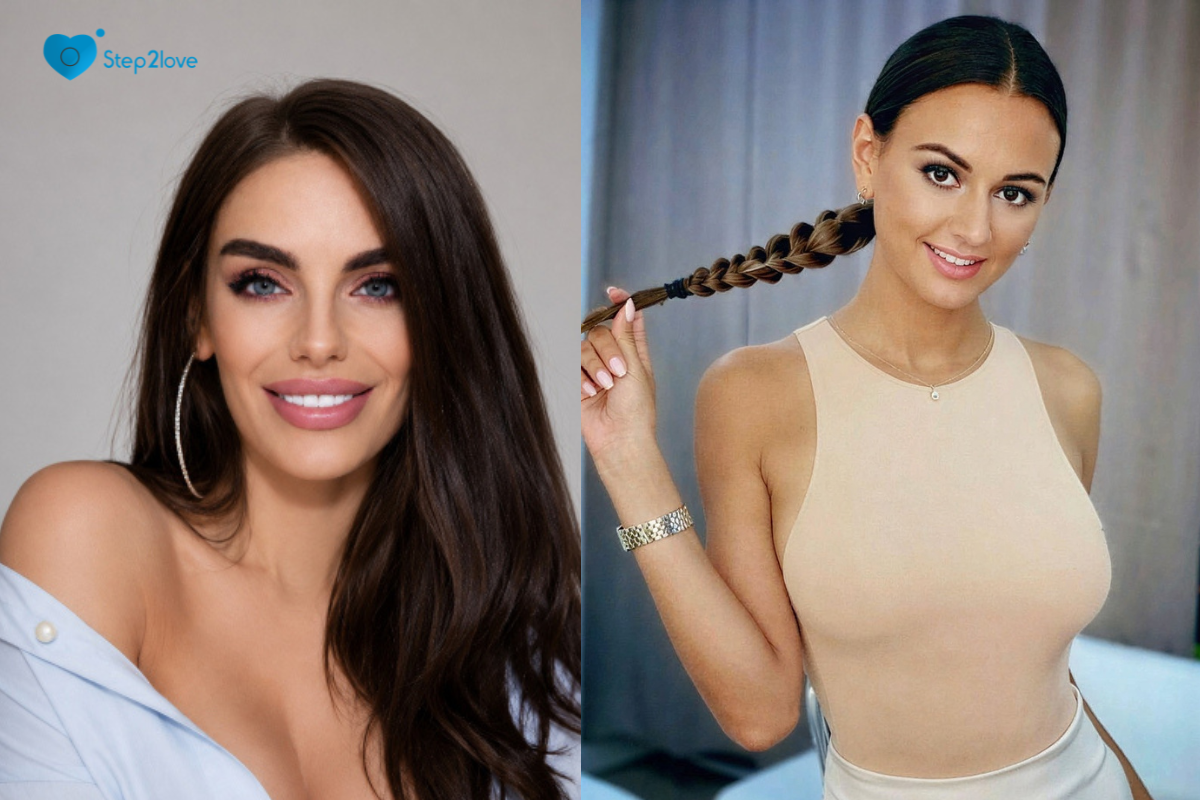 Step2Love split-screen portraits: two smiling brunette women with long dark hair and professional makeup
