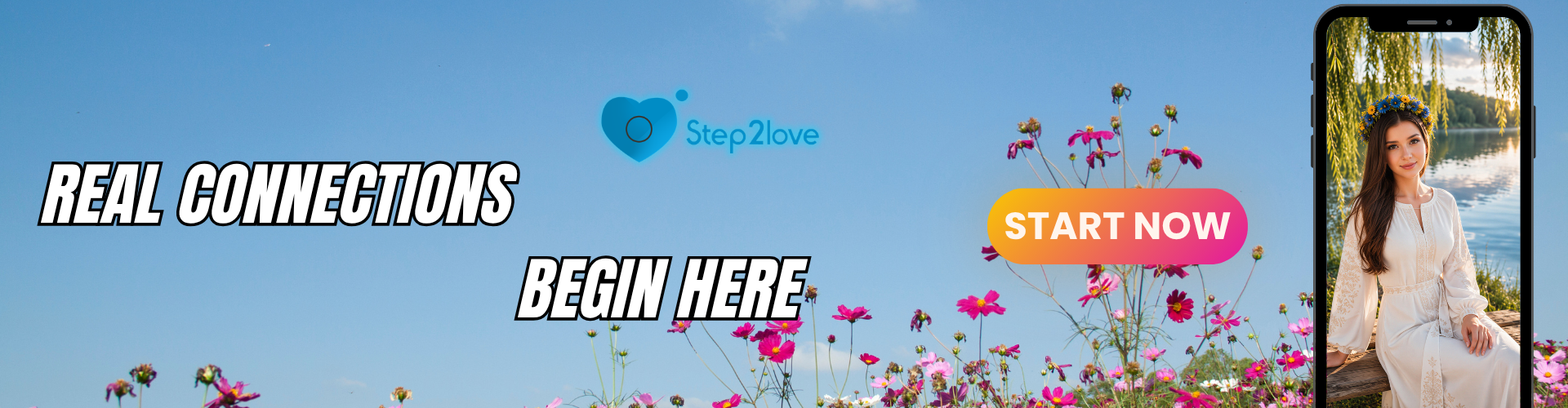 Banner for Step2Love dating site: meadow, woman in embroidered dress on phone screen, START NOW button.