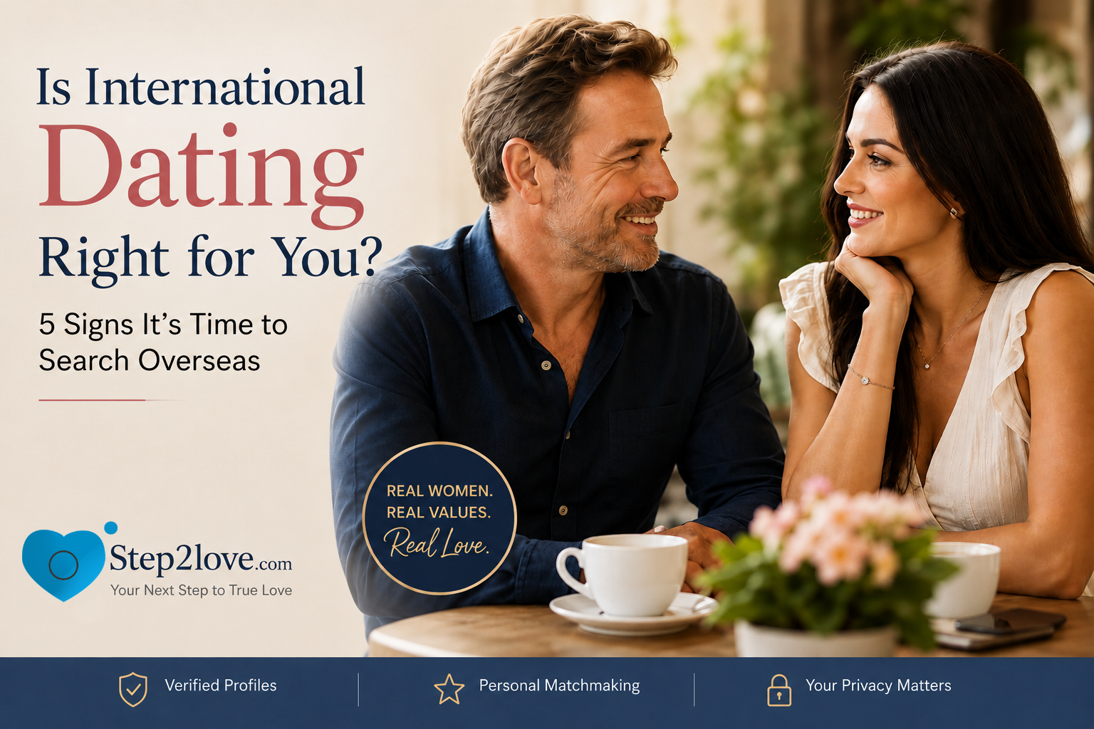 Step2Love banner asking "Is International Dating Right for You?" showing a smiling couple on a coffee date.