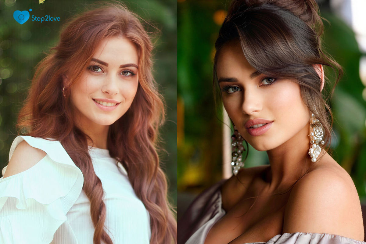 split-screen: portrait of a smiling woman with long wavy reddish hair, and a portrait of an elegant brunette in an off-shoulder dress.