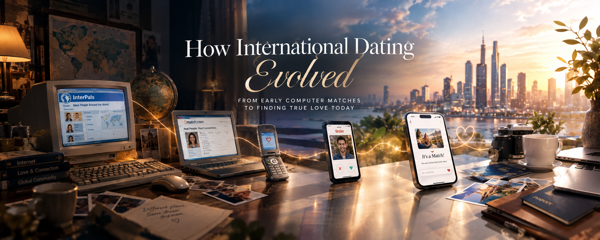 Evolution of dating devices from old desktop monitor and laptop to mobile phones against a city skyline at sunset.